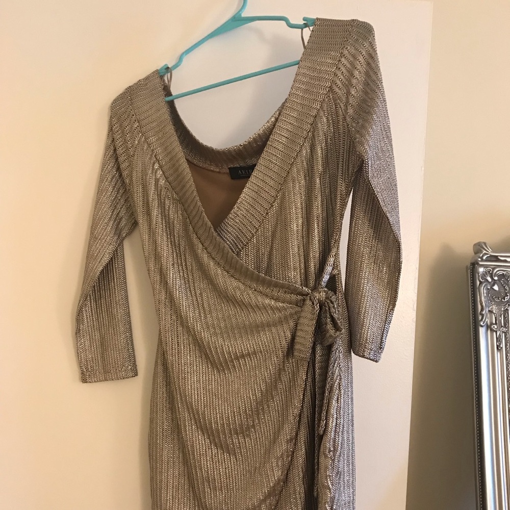AKIRA silver metallic wrap dress